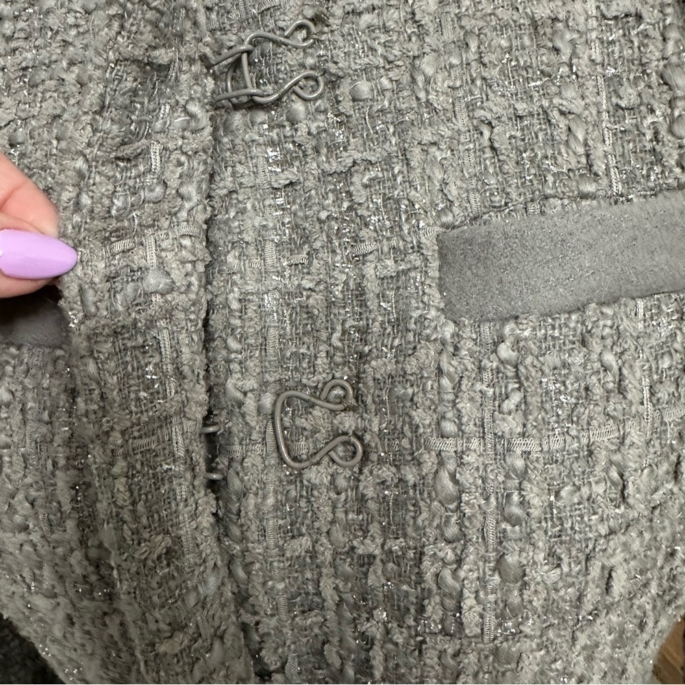 VERTIGO PARIS Gray Tweed Fringe Wool Blend Coat Jacket SZ S Grey Longer Length - Picture 4 of 8